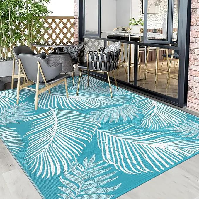 Pauwer Waterproof Outdoor Rug 6x9, Reversible Plastic Straw Patio Camping Rug, Indoor Outdoor RV Mat Carpet for Deck, Camper, Porch, Balcony, Backyard, Picnic, Leaf Teal by GreenHaven Gardens