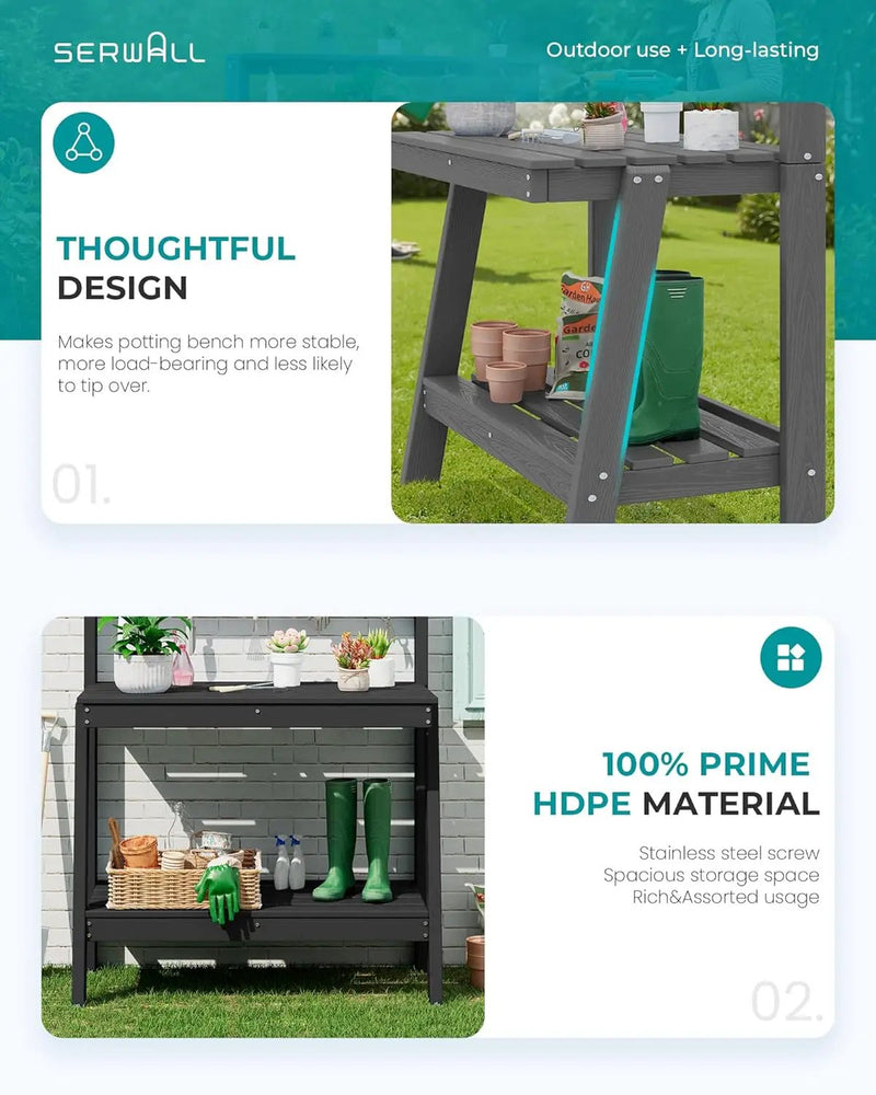 SERWALL Potting Bench Outdoor with Storage, 3-Tier HDPE Gardening Table with Angled Legs & Tool Hooks, All-Weather Heavy Duty Potting Table for Patio, Backyard, Garden, Black by GreenHaven Gardens