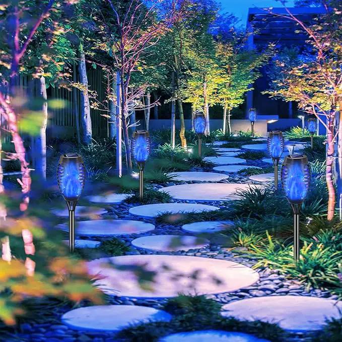 Outdoor Solar Lights Blue, 12 Pack Solar Torch Lights with Flickering Flame Waterproof Mini Tiki Torches for Landscape Garden Pathway Dusk to Dawn Auto On/Off by GreenHaven Gardens