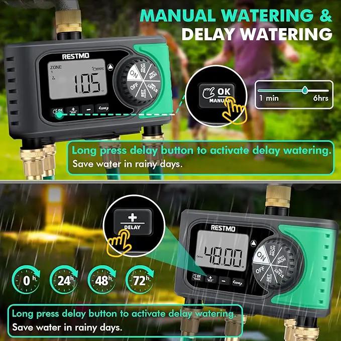 RESTMO 4-Outlet Sprinkler Timer with Brass Inlet, 4 Zone Programmable Water Timer for Garden Hose, Automatic Digital Control | Manual ON/Off | Rain Delay, for Outdoor Faucet, Drip Irrigation and Lawn by GreenHaven Gardens