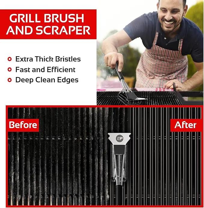 KITCHEN PERFECTION Safe Wire Grill Brush for Outdoor Grill w/Grill Scraper & Grill Mat Grill Cleaning Kit -Extended Handle BBQ Brush for Effortless Grill Cleaning Grill Cleaner Brush Barbecue Tools by GreenHaven Gardens