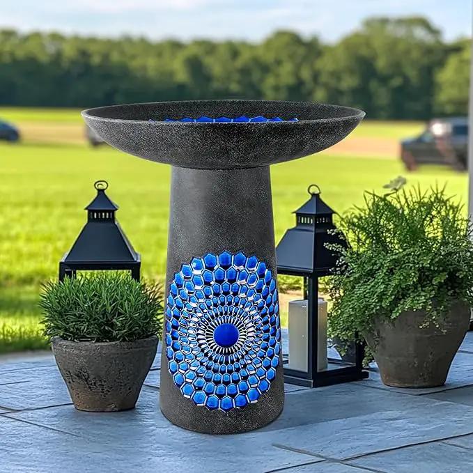 21.5'' Tall Ceramic Bird Bath for Outdoor, Heavy Duty - Cold-Weather Resistant Bird Bath, Garden and Patio Décor - Diamond Blue by GreenHaven Gardens