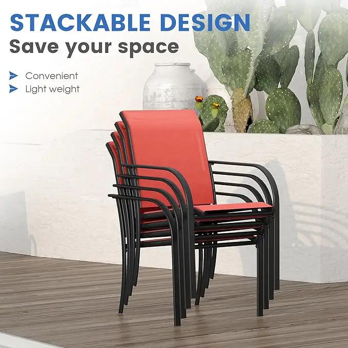 VICLLAX Patio Dining Set for 4, Outdoor Furniture Set Includes 1 Square Patio Table and 4 Stacking Patio Sling Chairs, Black Tabletop and Red Fabric by GreenHaven Gardens