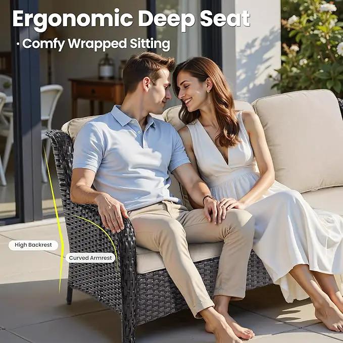 ovios 6 Pieces Patio Furniture Set with 42" Fire Pit Table, Outdoor Wicker Sofa with Ottomans, Comfy Cushions, High Back Couch Conversation Set, Brown Rattan, Beige by GreenHaven Gardens