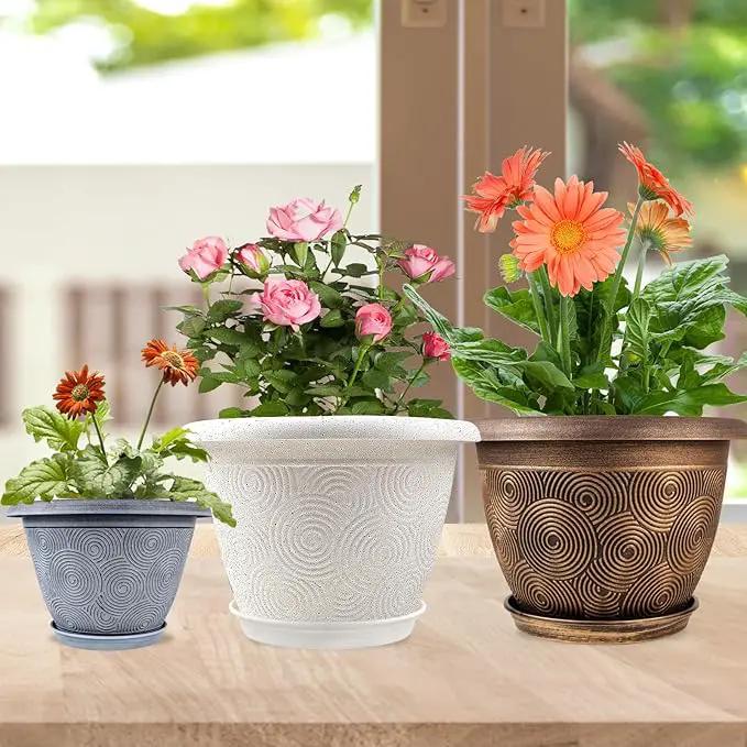 12 Inch Large Planter Pot for Plants Indoor Outdoor, 4 Pack Plastic Flower Pots with Drainage Hole & Tray, Modern Decorative Garden Pot with Saucer, Plant Container for House by GreenHaven Gardens