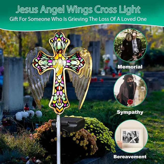 YJFWAL Solar Glass Cross Garden Stake Light, Cemetery Decorations for Grave Outdoor Lights, Jesus Cross Angel Wings Sympathy Memorial Gifts, for Easter Halloween Garden Lawn Yard Patio Decor by GreenHaven Gardens