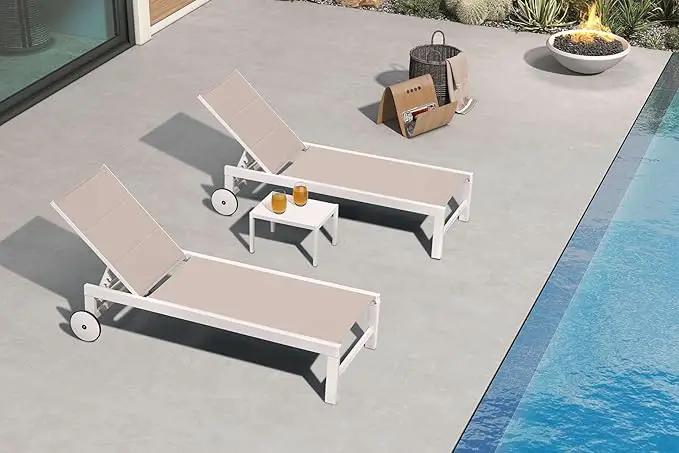PURPLE LEAF Outdoor Chaise Lounge Set Staight Legs Adjustable Sunbathing Recliner with Side Table for Poolside Beach Outside Patio Aluminum Chaise Lounger Khaki by GreenHaven Gardens
