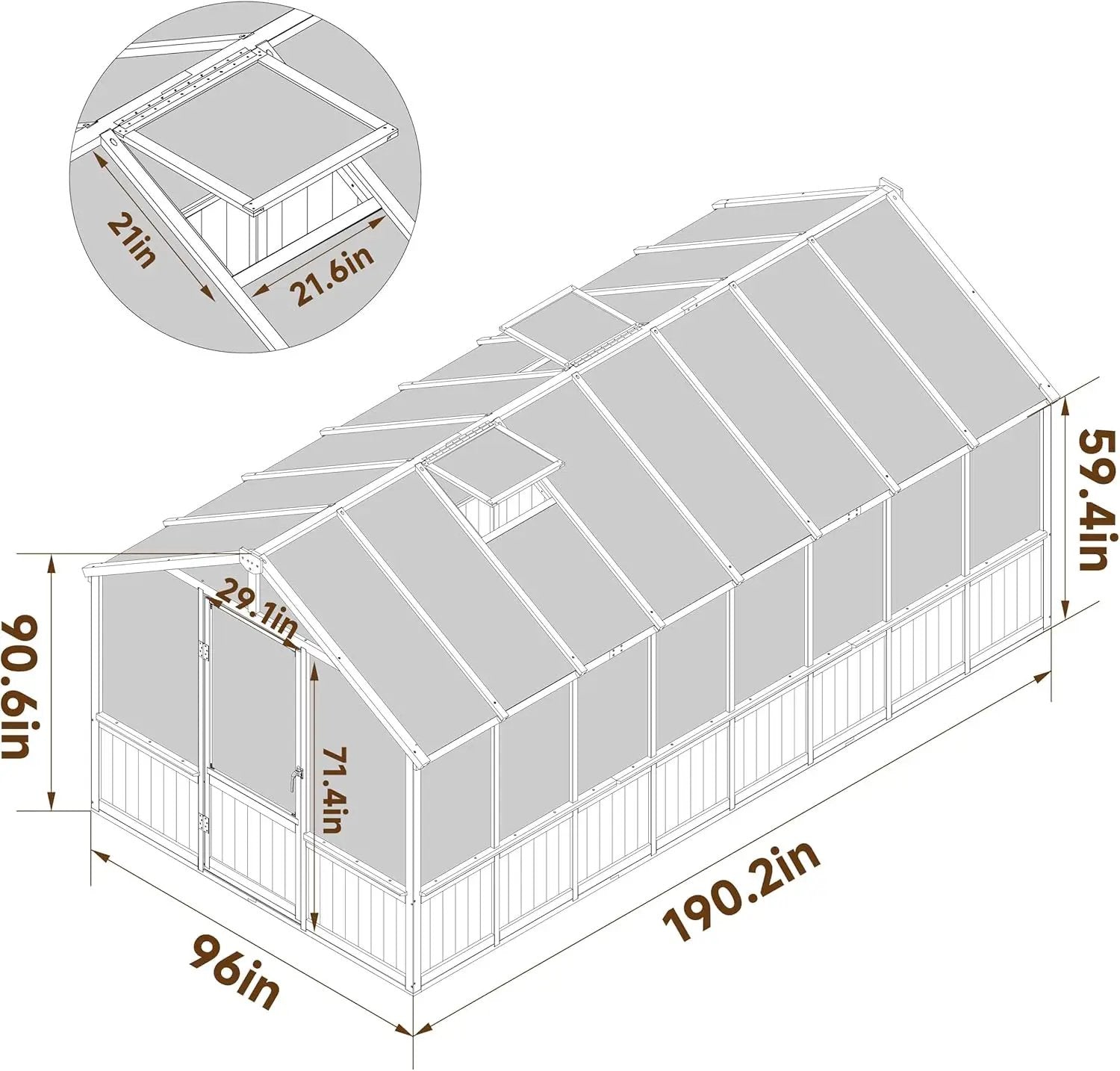 8x16 FT Greenhouse for Outdoor, 6MM Thick Polycarbonate Panel Wooden Walk-in Green House with Adjustable Roof Vents and Lockable Door, Backyard Garden, Light Mocha Brown by GreenHaven Gardens
