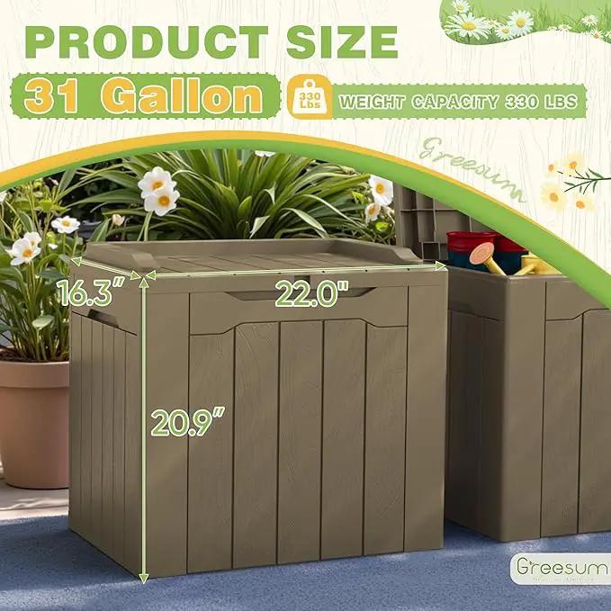 Greesum 31 Gallon Deck Box for Outside, All Weather Outdoor Storage Boxes for Patio Furniture Set, Package Delivery Box, Garden Tools, Light Coffee(Set of 2) by GreenHaven Gardens