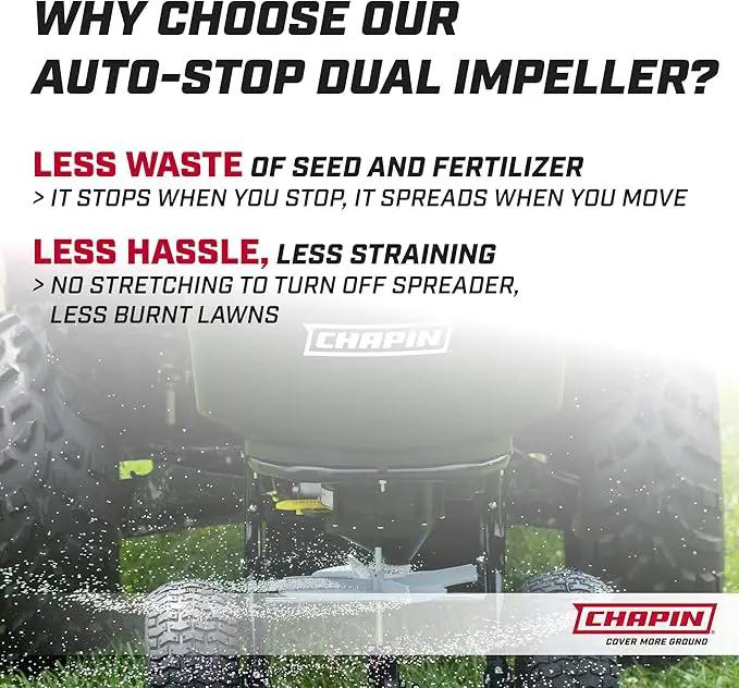 Chapin 8622B Made in The USA 2.2 Cubic Feet Tow and Pull Behind Spreader with Auto-Stop Dual Impeller That Stops When Not Moving, Designed for Farm and Tough Terrain, Hitch Pins, Black by GreenHaven Gardens