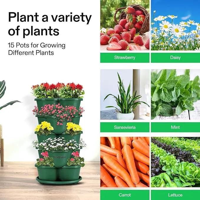 VIVOSUN 5 Tier Vertical Gardening Stackable Planter for Strawberries, Flowers, Herbs, Vegetables, Dark Green by GreenHaven Gardens