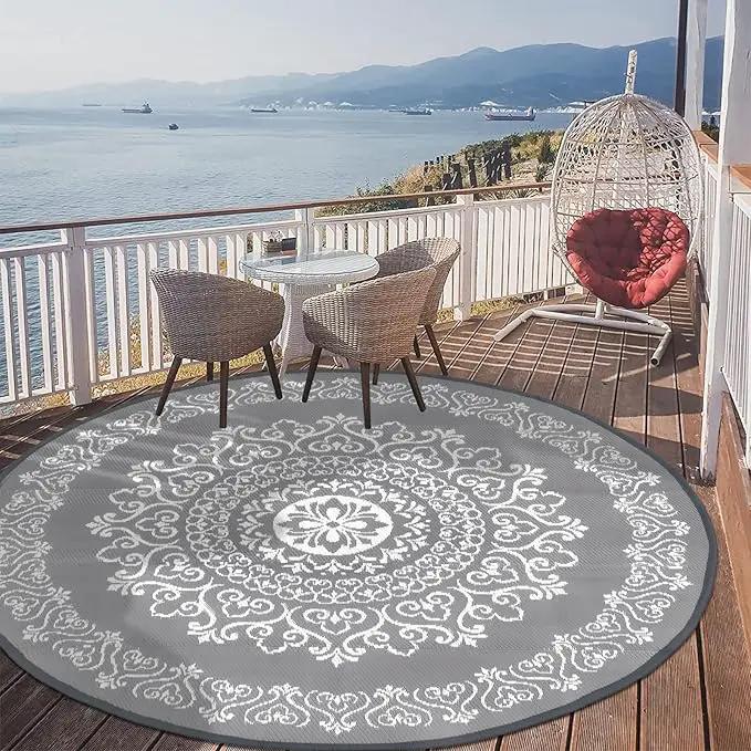 Pauwer Waterproof Outdoor Rug 6ft, Reversible Plastic Straw Patio Camping Rug, Indoor Outdoor RV Mat Carpet for Deck, Camper, Porch, Balcony, Backyard, Picnic, Floral Grey by GreenHaven Gardens