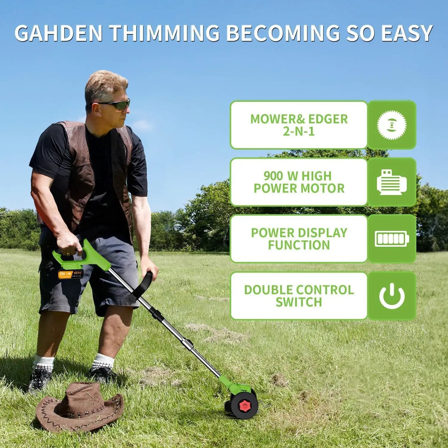 21V Electric Weed Wacker Eater Battery Powered, Cordless Weed Trimmer with 2 Battery Operated & Wheels, 3 in 1 Lightweight Grass Trimmer/Edger/Brush Cutter for Garden Yard Lawn by GreenHaven Gardens