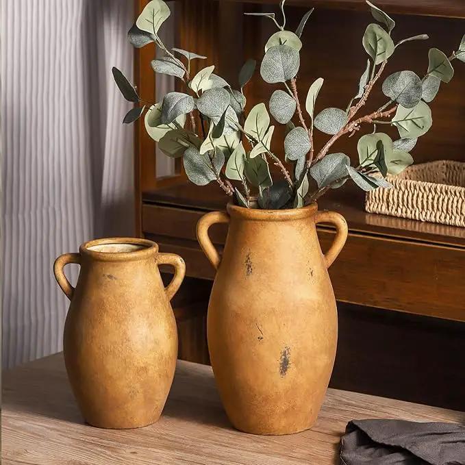 Large Ceramic Flower Vase,11.3 inch Terracotta Vase with 2 Handles, Rustic Farmhouse Vases, Decorative Pottery Flower Vases for Home Decor, Living Room Shelf Decor, Table by GreenHaven Gardens