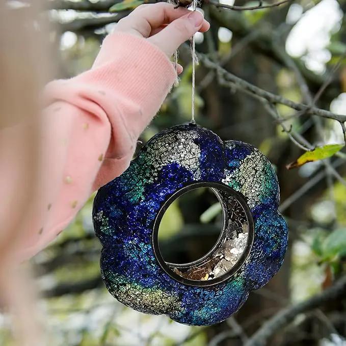 Sunnydaze 10-Inch Glass Mosaic Hanging Bird Feeder for Outdoors - Fly-Through Wild Bird Feeder - Indigo Flower Mosaic by GreenHaven Gardens