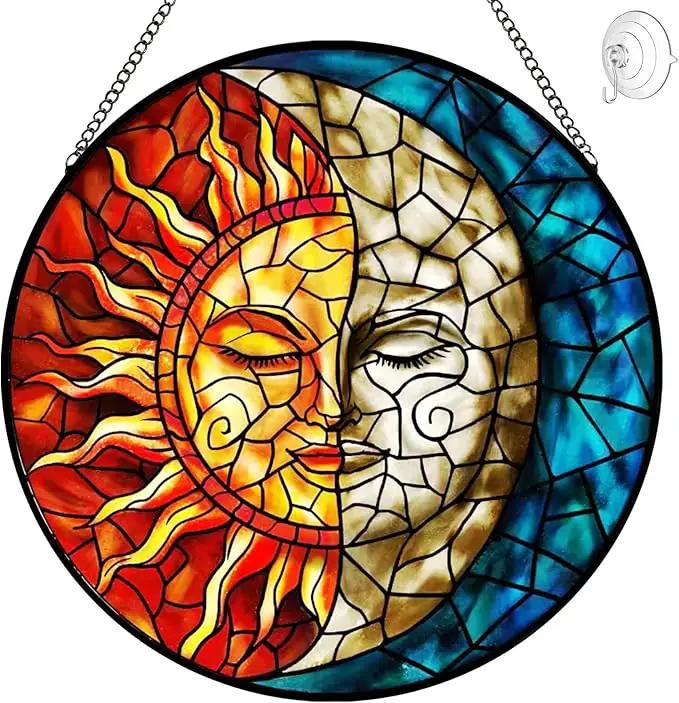 Sun and Moon Stained Glass Suncatchers for Windows Hanging - Celestial Decor Sun Catchers Valentines Day Gifts for Him Her - Handmade Wall Art Home Garden Stain Glass Window Suncatcher with Hooks by GreenHaven Gardens