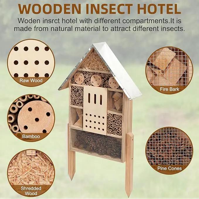 antiai Extra Large Wooden Insect House with Stakes,Wood Mason Bee Butterfly House,Insect Hotel,an Outdoor Bamboo Habitat for Ladybugs Live,Bee Box,Butterfly Habitat for Garden and Yard,30" H x15 W by GreenHaven Gardens