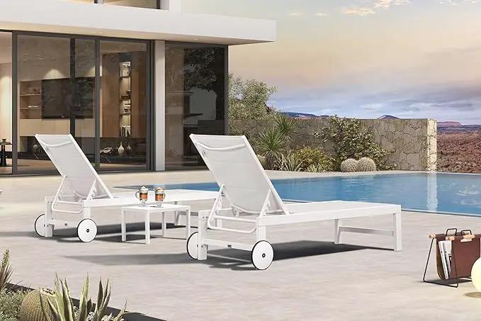 PURPLE LEAF Outdoor Chaise Lounge Staight Legs Adjustable Sunbathing Recliner with Side Table Cream 2 Sets by GreenHaven Gardens