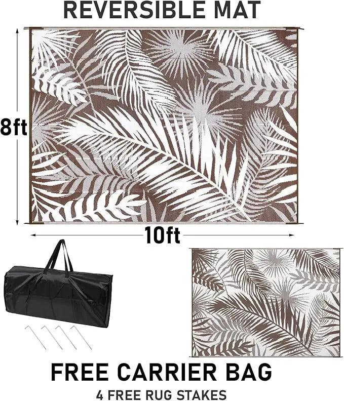 Outdoor Rug Waterproof for Patios Clearance, Reversible Outdoor Plastic Straw Rug Camping Carpet, Outside Floor Mats Large Area Rugs for RV,Patio,Deck,Porch,Beach,Balcony，10'x8',Brown&White by GreenHaven Gardens