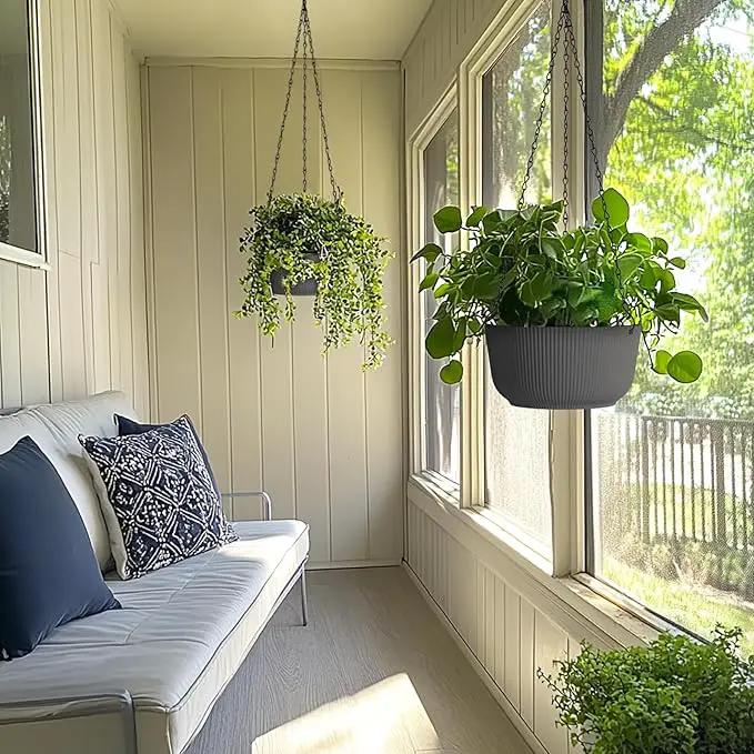 T4U 10 Inch Hanging Planters for Indoor Outdoor Plants, Hanging Plant Pot Pack of 2, Self Watering Hanging Pots with Drainage Hole & Plug & Chain with 3 Hooks for Garden Home Decor, Grey by GreenHaven Gardens