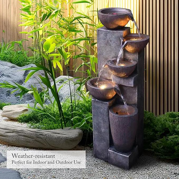 SunJet 5-Tier Cascading Indoor/Outdoor Water Fountain with LED Lights - 39.7" High Large Waterfall Floor Standing Fountain for Garden, Patio, Yard, and Deck Decor - Relaxing Outdoor Water Feature by GreenHaven Gardens