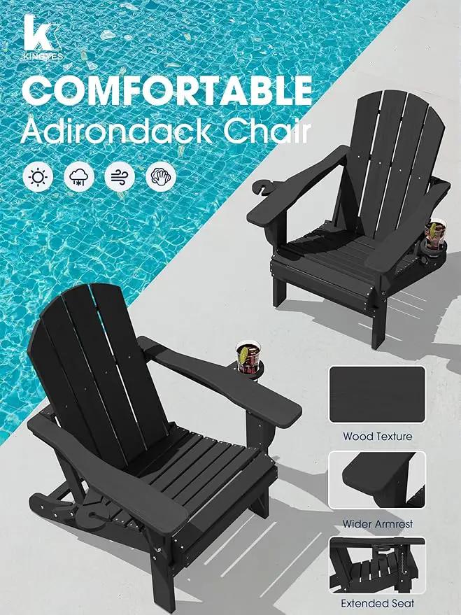 KINGYES Folding Adirondack Chair Set of 2, Dual Cup Holders & All-Weather HDPE, Wood-Like Patio Chair for Backyard, Camping, Pool & Fire Pit, Black by GreenHaven Gardens