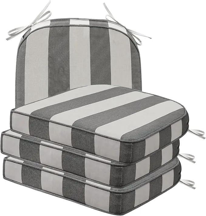 Round Corner Seat Cushions, 17" x 16" x 2", Set of 4, Indoor Outdoor Water Repellent Universal Chair Pads with Ties for Patio Furniture, Garden Deck Dining Chairs, Gray Stripe by GreenHaven Gardens