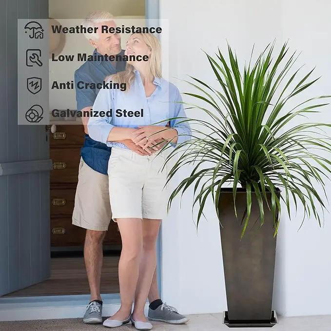 KOL 25''H. Bright Glazed Planter with Drainage Hole, Set of 2, Tall Galvanized Steel Planter Pots with Saucer for Indoor & Outdoor Use, Decorative Flower Plant Pots for Porch, Patio, Deck - Black by GreenHaven Gardens