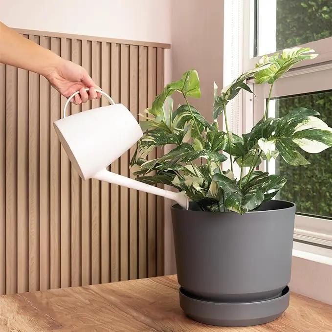 Elly Décor 14 inch Plastic Cylinder Planter Pot with Self-Watering Saucer and Drainage Hole,Lightweight & Extremely Durable, 14"x 14", Gray by GreenHaven Gardens