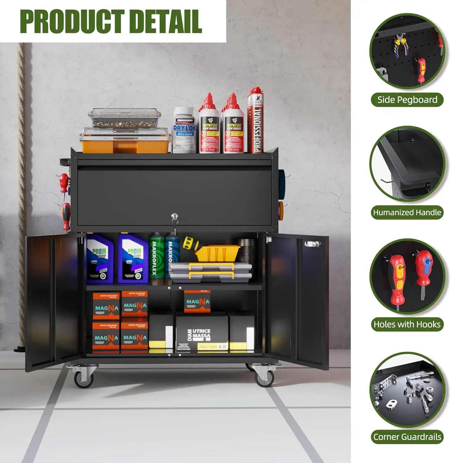 35.43'' H Metal Storage Cabinet on Wheels with 1 Drawer, Rolling Steel Garage Tools Cabinet with Side Pegboard &4 Hooks & 1 Adjustable Shelf for Garage,Shop,Home, Black, Assembly Required by GreenHaven Gardens