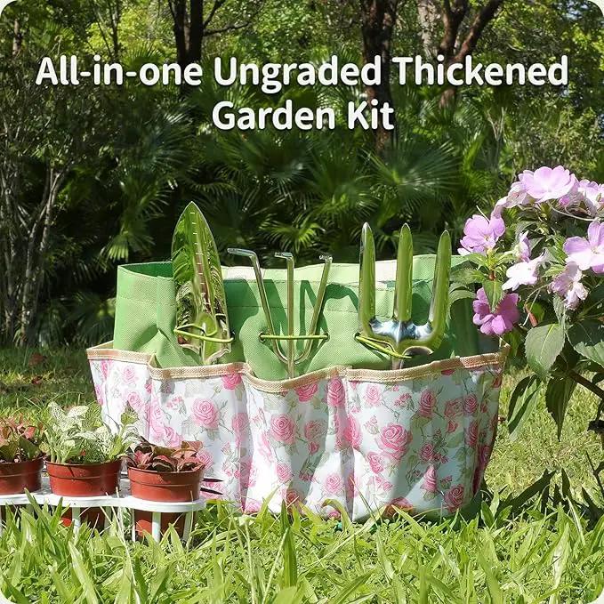 Garden Tool Set,10 Piece Garden Kit,Heavy Duty Stainless Steel Gardening Hand Tools with Durable Storage Tote,Rust-Proof Garden Tools,Gardening Gifts for Women Men Pink Floral Pattern Design by GreenHaven Gardens
