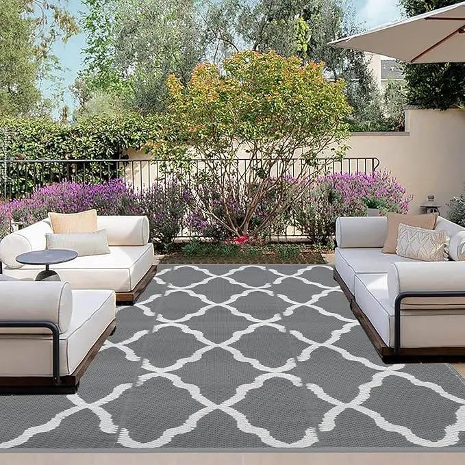OutdoorLines Outdoor Plastic Area Rugs for Patio 6x9 ft - Reversible Outside Carpet, Stain & UV Resistant RV Mats, Straw Rug for Camping, Deck Garden, Porch and Balcony, Moroccan Grey & Light Grey by GreenHaven Gardens