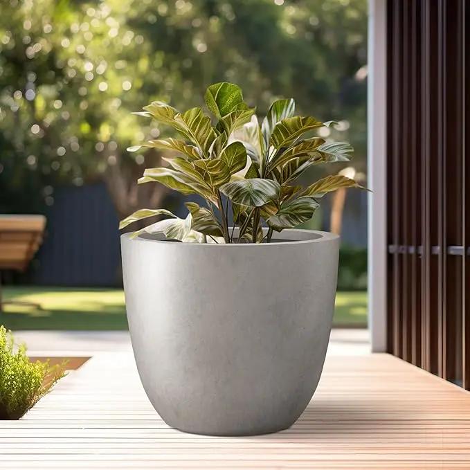 Kante 10 Inch Dia Round Concrete Planter, Indoor Outdoor Large Plant Pot with Drainage Hole and Rubber Plug for Home Patio Garden, Buff Concrete by GreenHaven Gardens