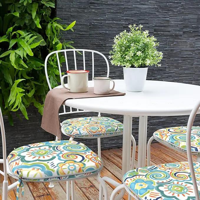 Indoor/Outdoor Chair Cushions 16x17 Inch, Patio Chair Cushions with Ties, All Weather Seat Cushions for Patio Furniture Home Garden Chair Use, Set of 4, Flower Blue by GreenHaven Gardens