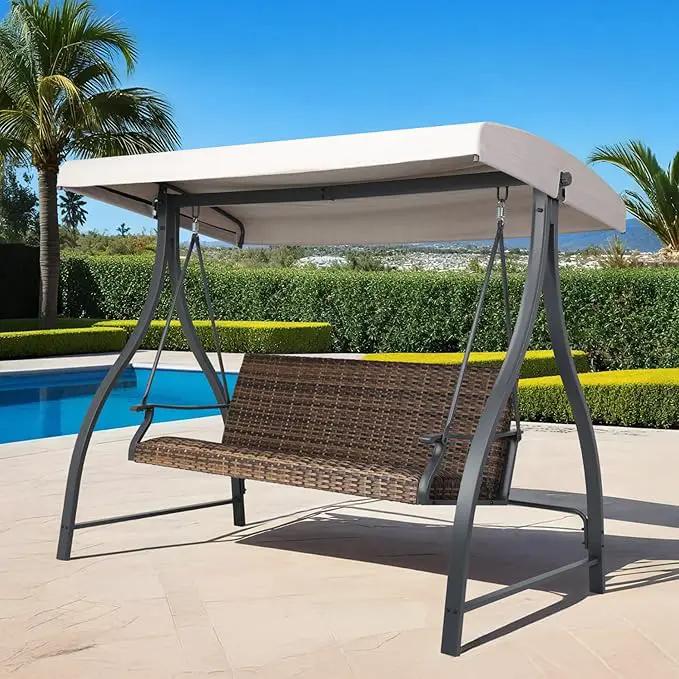 BPS 3 Seat Outdoor Porch Swing with Adjustable Canopy, PE Wicker Patio Swing Chair with Quick-Drying Foam Seat, 882 LBS Capacity, Proch Swings for Deck, Backyard, and Lawn, Khaki by GreenHaven Gardens