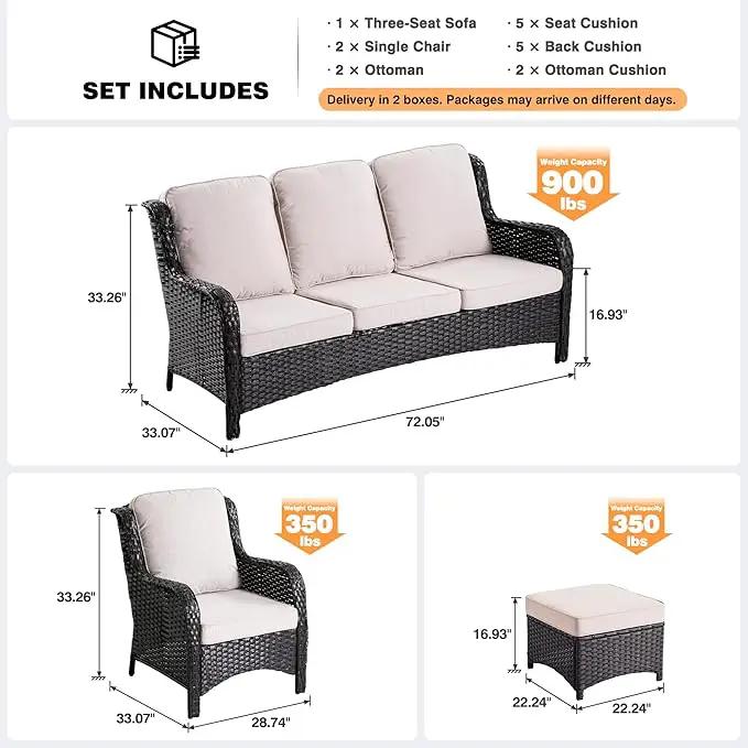 ovios 7 Pieces Patio Furniture Set, Outdoor Wicker Sofas with 4 Chairs, Ottomans and Comfy Cushions, All Weather High Back Couch Set for Deck Porch, Brown Rattan, Beige by GreenHaven Gardens