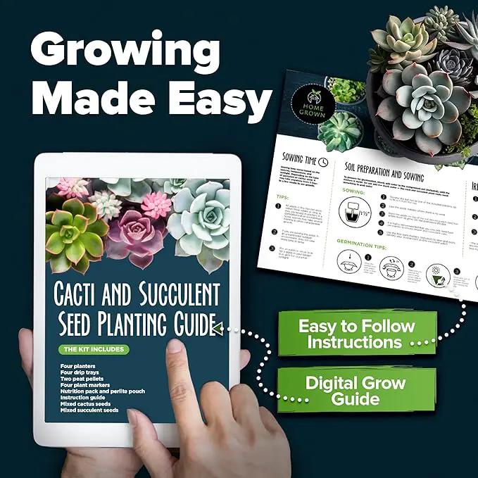 HOME GROWN Succulent & Cactus Seed Kit for Planting – [Enthusiasts Favorites] Premium Cactus & Succulent Starter Kit: 4 Planters, Drip Trays, Markers, Seeds Mix, Soil - DIY Gift Kits by GreenHaven Gardens