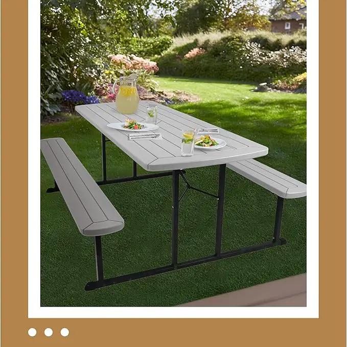 OEF Furnishings Heavy Duty Blow Molded Folding Picnic Table- Light Speckled Grey, Black Frame by GreenHaven Gardens
