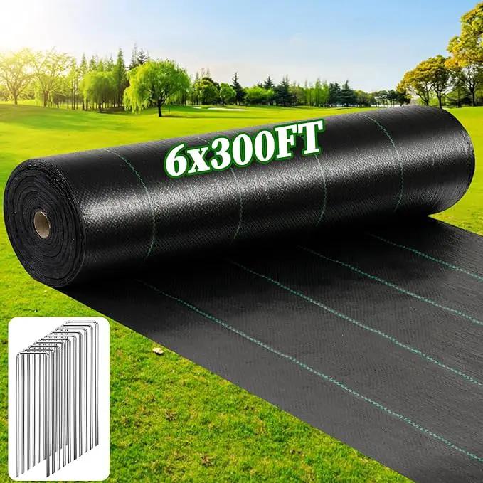 6FT x 300FT Weed Barrier Landscape Fabric, 3.2oz Heavy Duty Woven Geotextile with 60 U-Shaped Pegs & Pre-Printed Cutting Lines, Ground Cover Colth Garden Bed Liner for Landscape, Driveway, Greenhouse by GreenHaven Gardens
