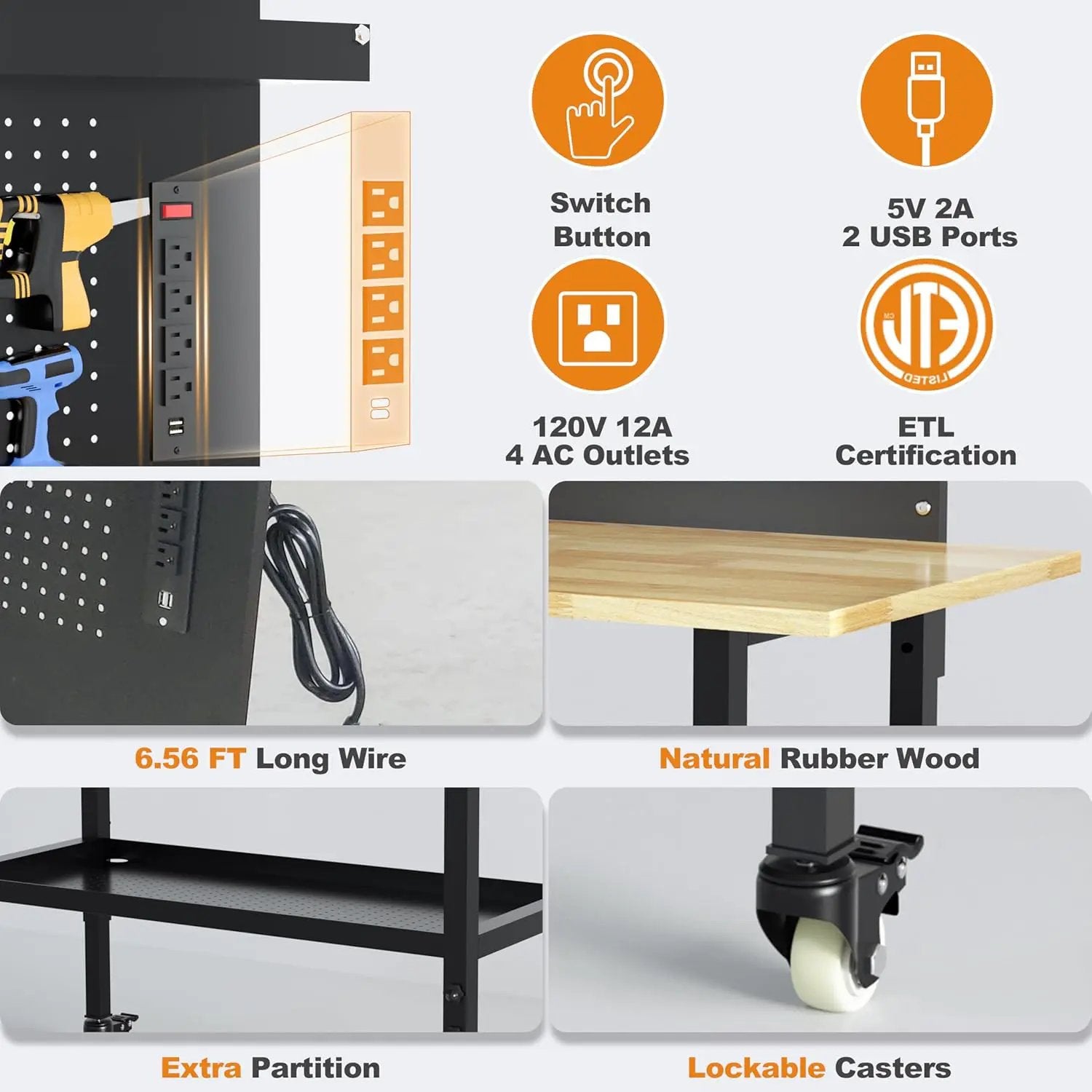 60" Heavy Duty Adjustable Workbench with Large Pegboard& Partition, Adjustable Work Table with Power Outlets & Lockable Wheels, Rubber Wood Workstation for Garage, Workshop, Office, Home, Commercial by GreenHaven Gardens