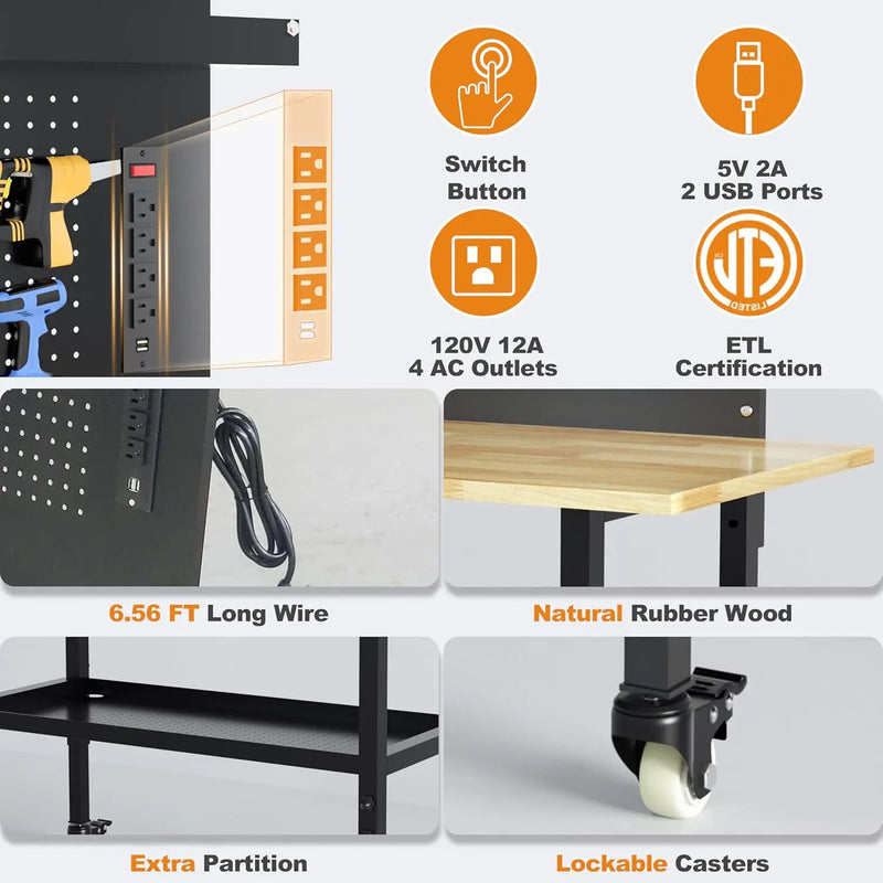 60" Heavy Duty Adjustable Workbench with Large Pegboard& Partition, Adjustable Work Table with Power Outlets & Lockable Wheels, Rubber Wood Workstation for Garage, Workshop, Office, Home, Commercial by GreenHaven Gardens