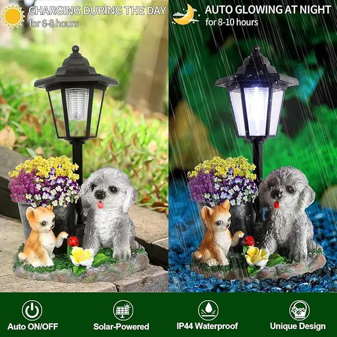 Garden Dog Statue,Resin Teddy & Cat Figurine with Solar LED Light,Flower Pots Planters Pots for Succulent,Outdoor Sculpture for Patio Balcony Yard Lawn Decor,Unique Gift for Dad Mom Grandma by GreenHaven Gardens