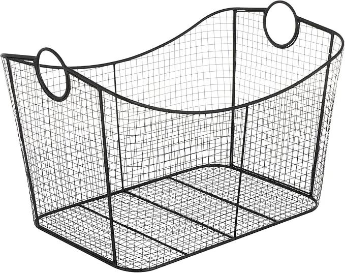 Deco 79 Metal Large Open Frame Wire Grid Storage Basket with Curved Sides and Ring Handles, 30" x 20" x 20", Black by GreenHaven Gardens