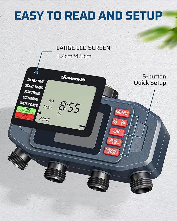 DEWENWlLS Sprinkler Timer, 4 Zone, Outdoor Faucet lrigation, Rain Delay & Manual, Programmable Water Hose Timer for Holiday, Garden, Lawn, Vegetable Gardening, Potted Flowers by GreenHaven Gardens