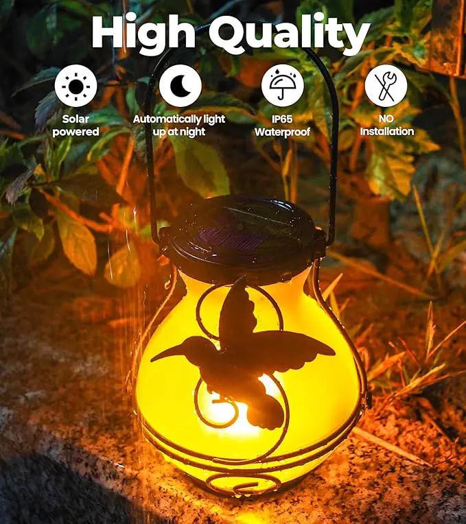 2 Pack Solar Flickering Flame Lights,Outdoor Upgraded Metal Lantern for Hanging Solar Powered Waterproof LED Flame Glass Lanterns for Patio Garden Christmas Halloween Decorations by GreenHaven Gardens
