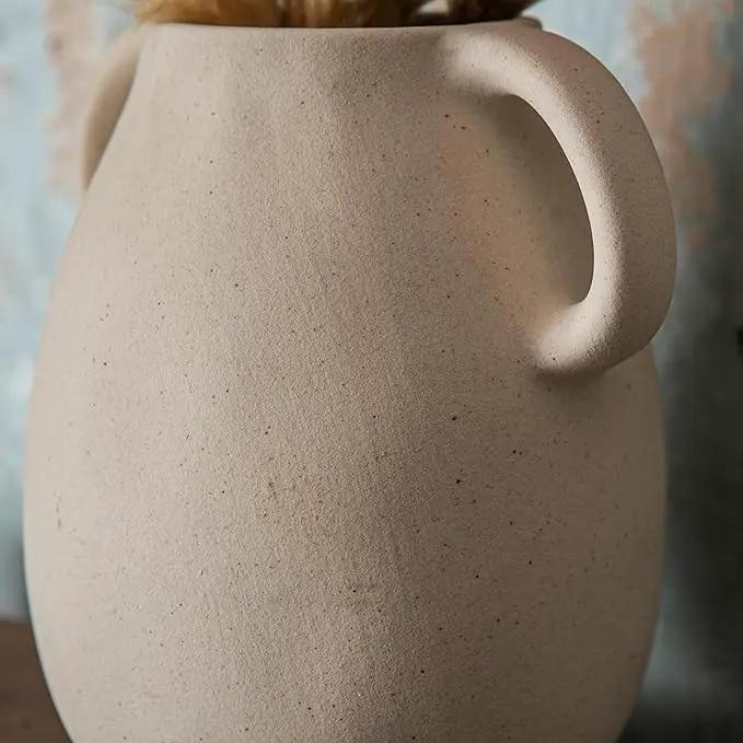 Off-White Ceramic Vase with 2 Handles, Sandstone Texture for Modern Farmhouse Decor, Rustic Pottery, Decorative Flower Vase, Clay Small Vase, Centerpiece for Dining Table - 7 Inch Tall by GreenHaven Gardens