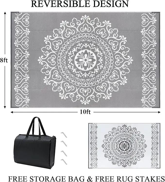 Pauwer Waterproof Outdoor Rug 8x10, Reversible Plastic Straw Patio Camping Rug, Indoor Outdoor RV Mat Carpet for Deck, Camper, Porch, Balcony, Backyard, Picnic, Floral Grey by GreenHaven Gardens