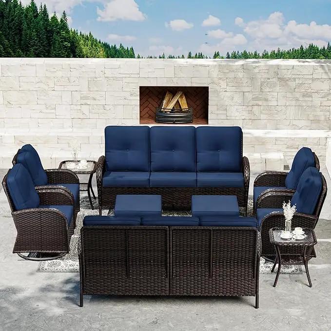 Joyside 10 Piece Patio Furniture Set, Outdoor Wicker Conversation Sets with Swivel Rocker Chairs and Sofa, Thick Cushion, Rattan Patio Sectional for Porch, Deck Use (Brown/Blue, 10 PCS) by GreenHaven Gardens