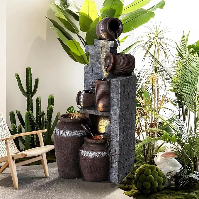 6-Tiers Garden Waterfall Fountain Outdoor - 31’5''H Water Fountains and Waterfalls, Large Outdoor/Indoor Floor Standing Resin Water Fountain with LED Light for Patio, Garden and Home (31.5”H) by GreenHaven Gardens