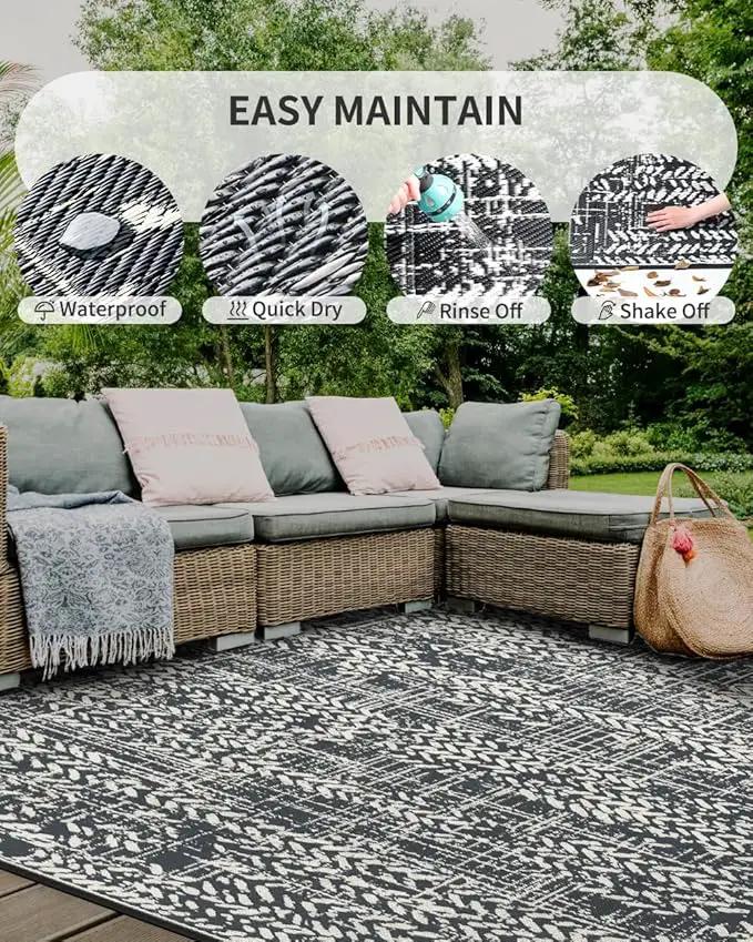 MontVoo Outdoor Rug 9x12 Waterproof-Patio Rug Outdoor Carpet Reversible RV Camping Picnic Plastic Straw Rug Outside Outdoor Area Rug for Balcony Deck Backyard Patio Decor Boho Modern Abstract Grey by GreenHaven Gardens